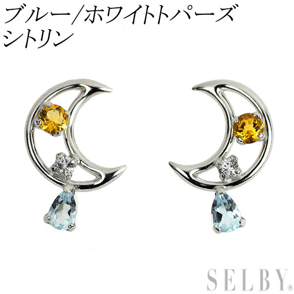新品 K10WG ブルー/ホワイト トパーズ シトリン ピアス 【エスコレ】 月