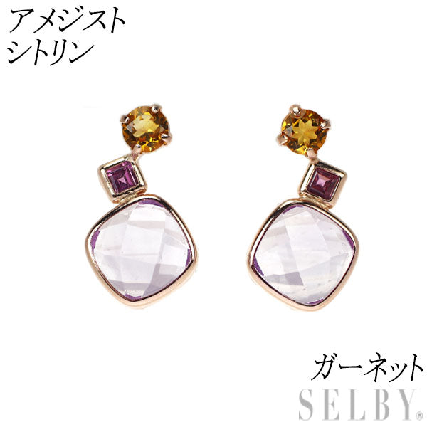 新品 K10PG チェッカーカット アメジスト シトリン ガーネット ピアス 【エスコレ】