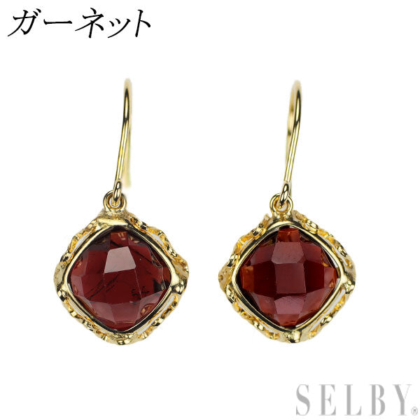 新品 K10YG チェッカーカット ガーネット ピアス 【エスコレ】