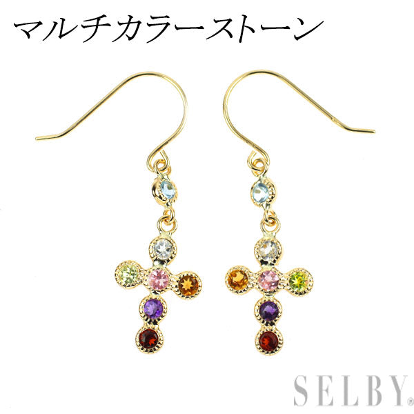 新品 K18YG マルチカラーストーン ピアス【エスコレ】クロス
