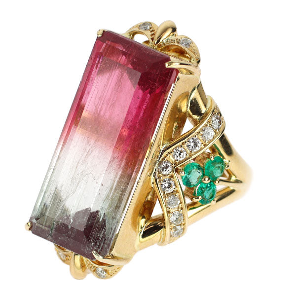 K18YG パーティーカラードトルマリン エメラルド ダイヤモンド リング 18.53ct E0.48ct D0.41ct