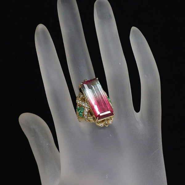 K18YG パーティーカラードトルマリン エメラルド ダイヤモンド リング 18.53ct E0.48ct D0.41ct