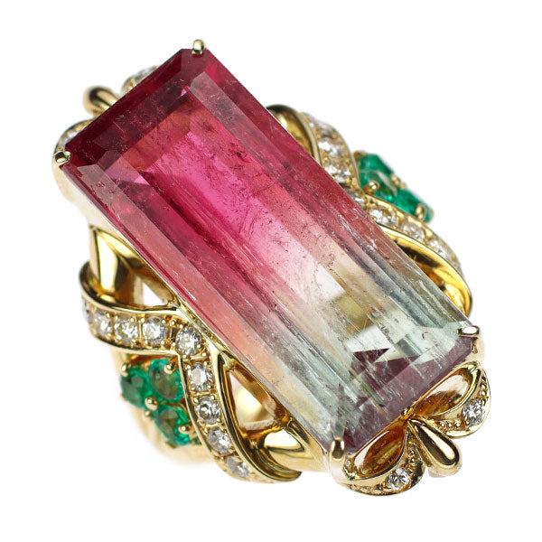 K18YG パーティーカラードトルマリン エメラルド ダイヤモンド リング 18.53ct E0.48ct D0.41ct