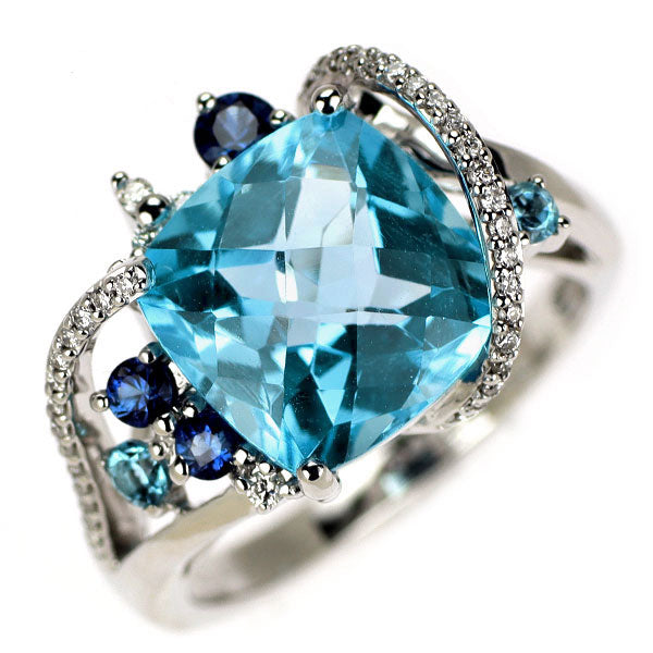 K18WG ブルー トパーズ サファイア ダイヤモンド リング 4.87ct S0.23ct D0.15ct