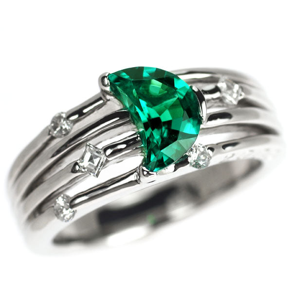 クレサンベール Pt950 ムーンカット 再結晶エメラルド ダイヤモンド リング 0.76ct 0.18ct