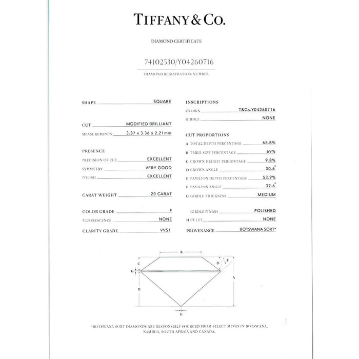 ティファニー Pt950 プリンセスカット ダイヤモンド リング 0.20ct F VVS1 EX ソリティア
