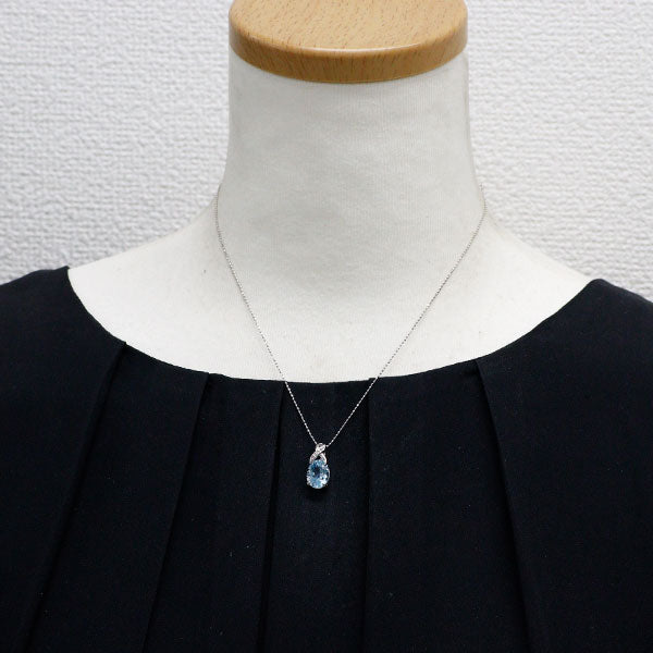 K18WG ブルー トパーズ ダイヤモンド ペンダントネックレス 3.20ct D0.03ct