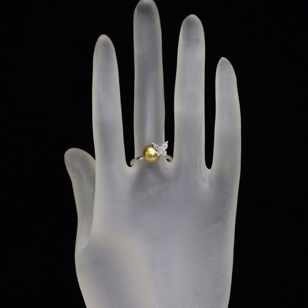 Pt900 ゴールデン真珠 ダイヤモンド リング 径約7.8mm D0.08ct 蝶