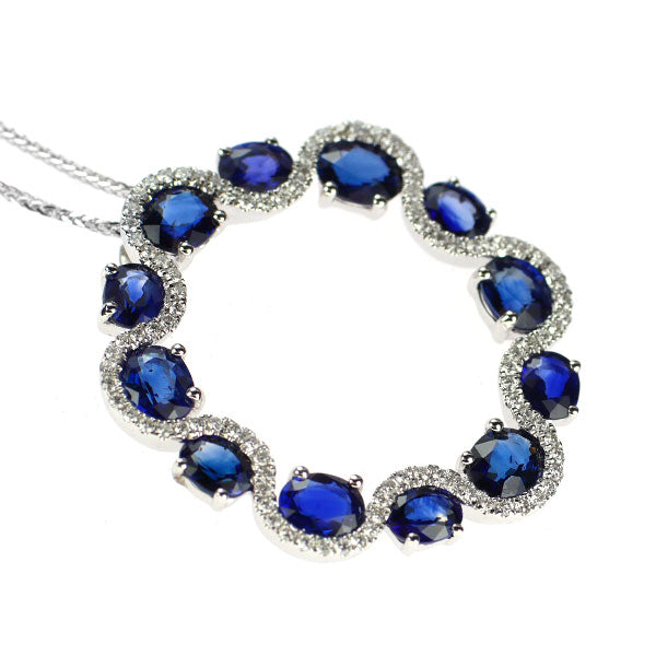 K18WG サファイア ダイヤモンド ペンダントネックレス 5.61ct D0.50ct