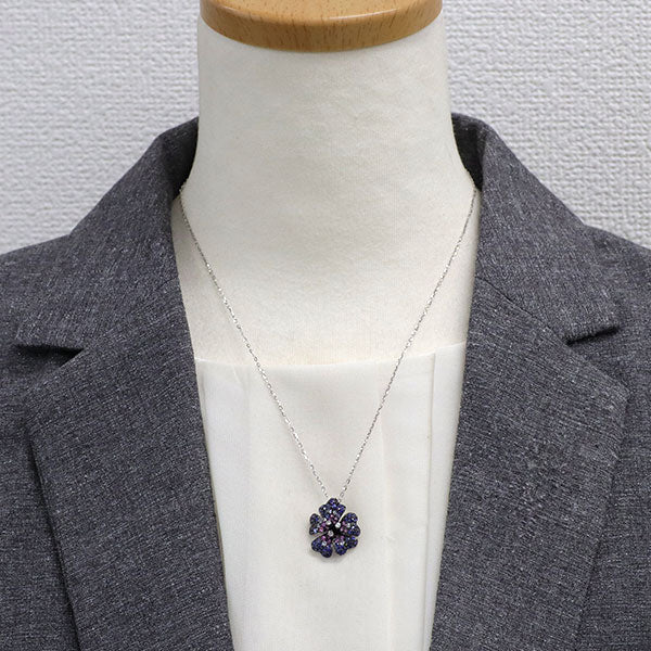 K18WG カラーサファイア ダイヤモンド ペンダントネックレス 1.80ct D0.08ct フラワー
