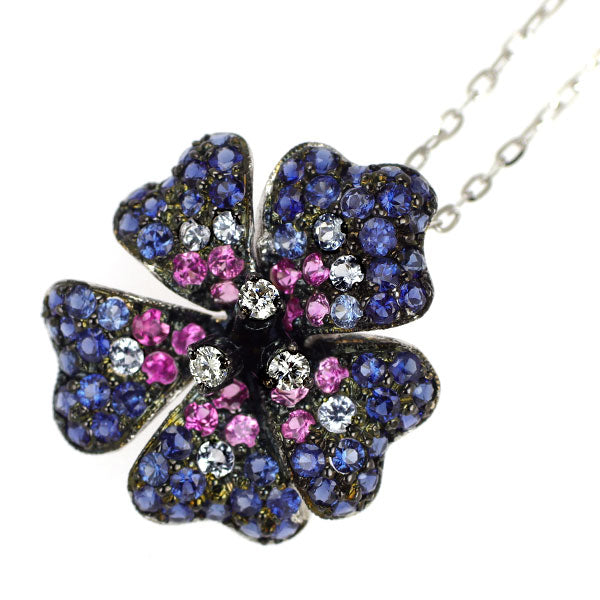 K18WG カラーサファイア ダイヤモンド ペンダントネックレス 1.80ct D0.08ct フラワー