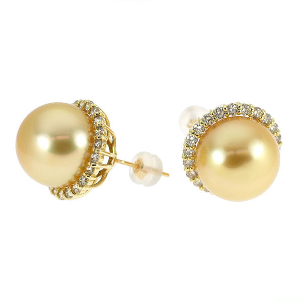 K18YG オーロラ茶金 ゴールデンパール ダイヤモンド ピアス 径約 13.1mm D1.10ct