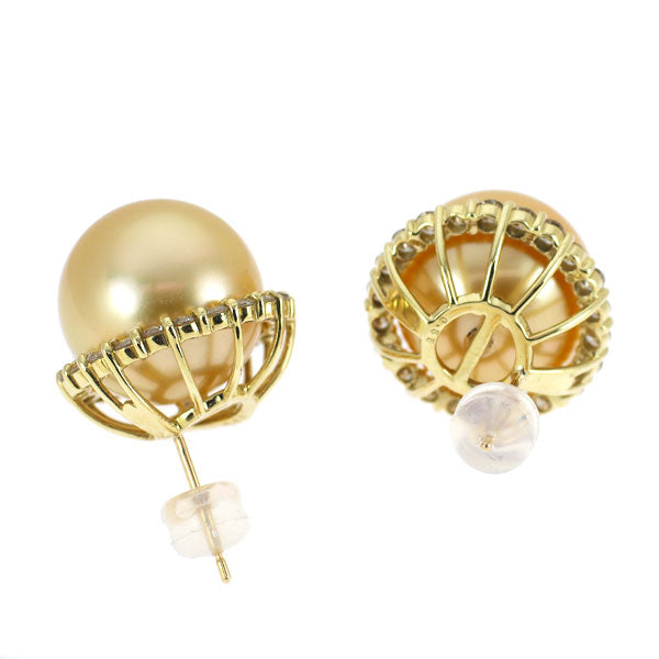 K18YG オーロラ茶金 ゴールデンパール ダイヤモンド ピアス 径約 13.1mm D1.10ct