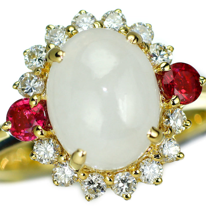 K18YG 無含浸白翡翠/ヒスイ アイスジェイド ルビー ダイヤモンド リング 3.19ct R0.31ct D0.40ct