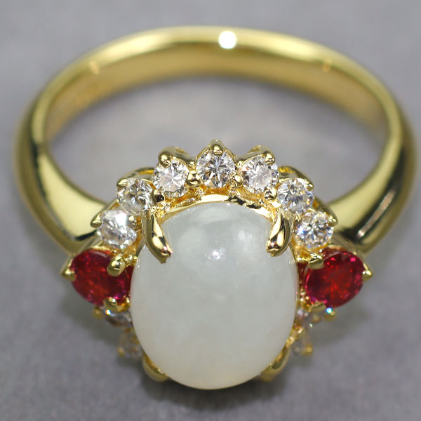 K18YG 無含浸白翡翠/ヒスイ アイスジェイド ルビー ダイヤモンド リング 3.19ct R0.31ct D0.40ct