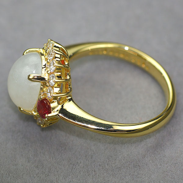 K18YG 無含浸白翡翠/ヒスイ アイスジェイド ルビー ダイヤモンド リング 3.19ct R0.31ct D0.40ct