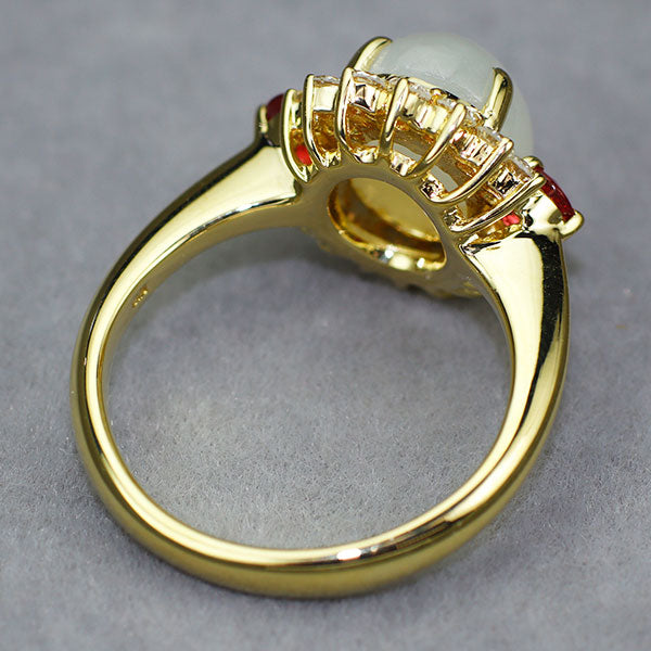 K18YG 無含浸白翡翠/ヒスイ アイスジェイド ルビー ダイヤモンド リング 3.19ct R0.31ct D0.40ct