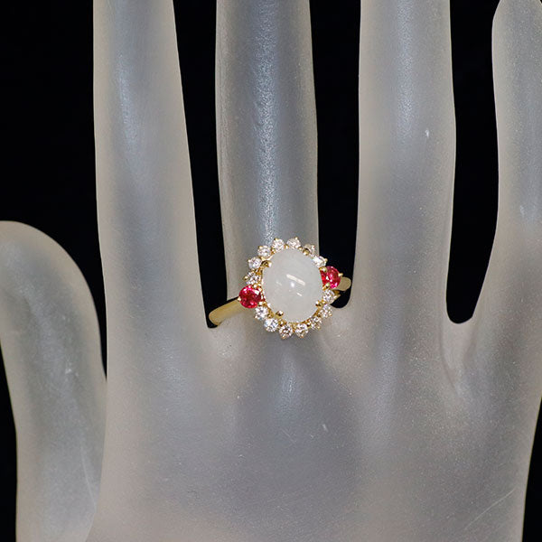K18YG 無含浸白翡翠/ヒスイ アイスジェイド ルビー ダイヤモンド リング 3.19ct R0.31ct D0.40ct