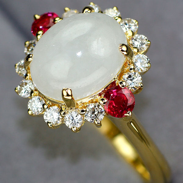 K18YG 無含浸白翡翠/ヒスイ アイスジェイド ルビー ダイヤモンド リング 3.19ct R0.31ct D0.40ct