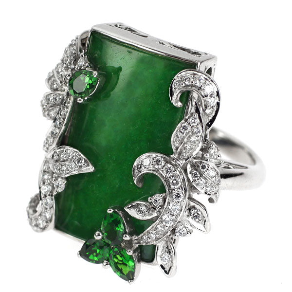 K18WG 翡翠 グリーンガーネット ダイヤモンド リング 3.95ct G0.57ct D0.45ct