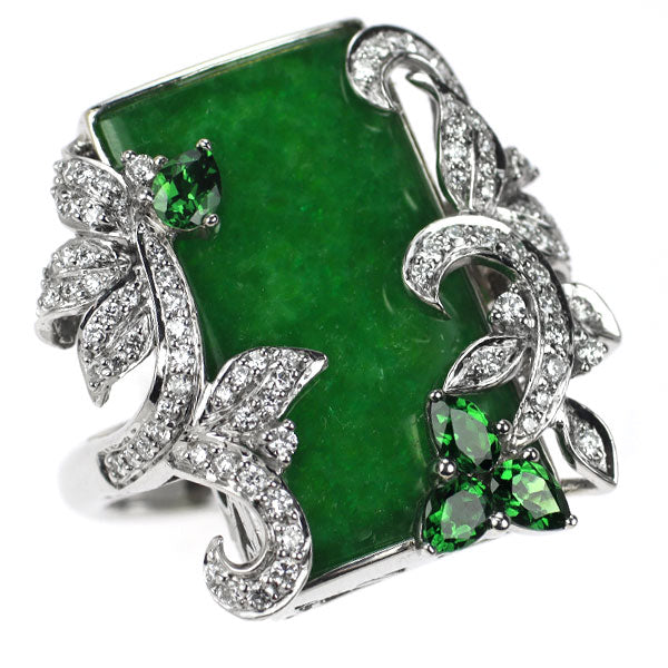 K18WG 翡翠 グリーンガーネット ダイヤモンド リング 3.95ct G0.57ct D0.45ct