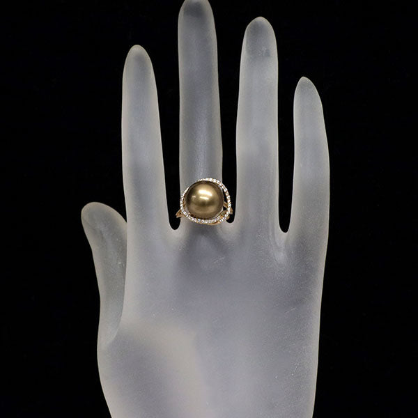 K18PG ショコラ 真珠 ダイヤモンド リング 径約12.0mm D0.23ct