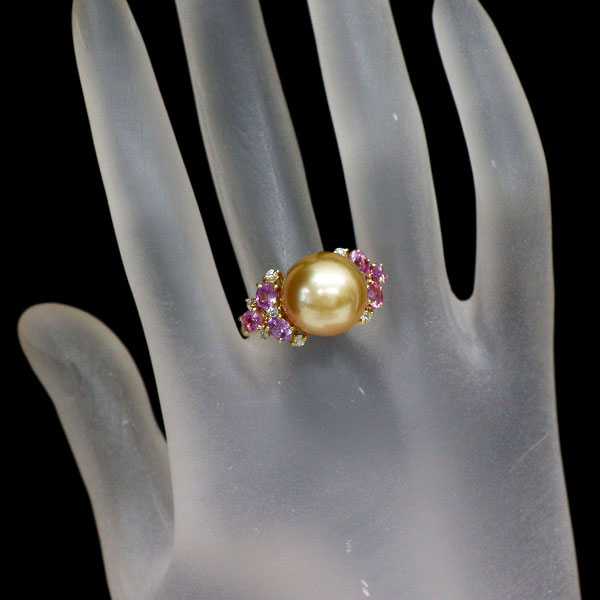K18YG ゴールデン真珠 ピンクサファイア ダイヤモンド リング 径約12.5mm PS1.40ct D0.43ct