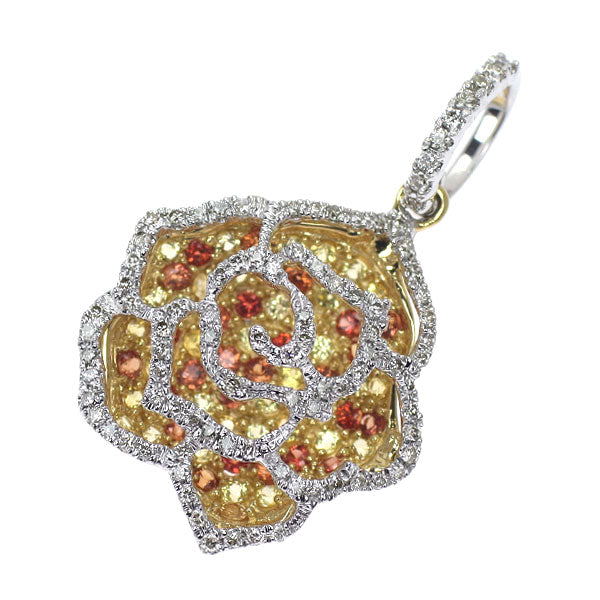 K18YG/WG イエロー/オレンジサファイア ダイヤモンド ペンダントトップ 0.70ct D0.28ct フラワー