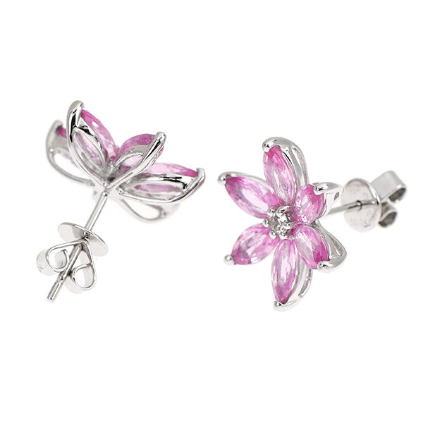 K18WG ピンクサファイア ダイヤモンド ピアス 3.24ct D0.08ct フラワー