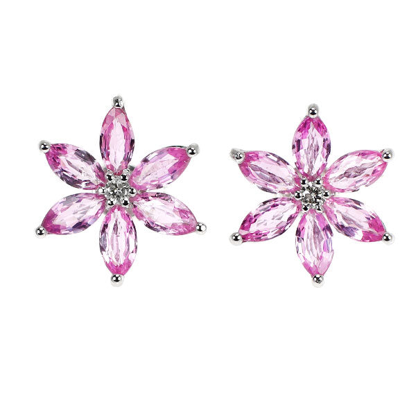 K18WG ピンクサファイア ダイヤモンド ピアス 3.24ct D0.08ct フラワー