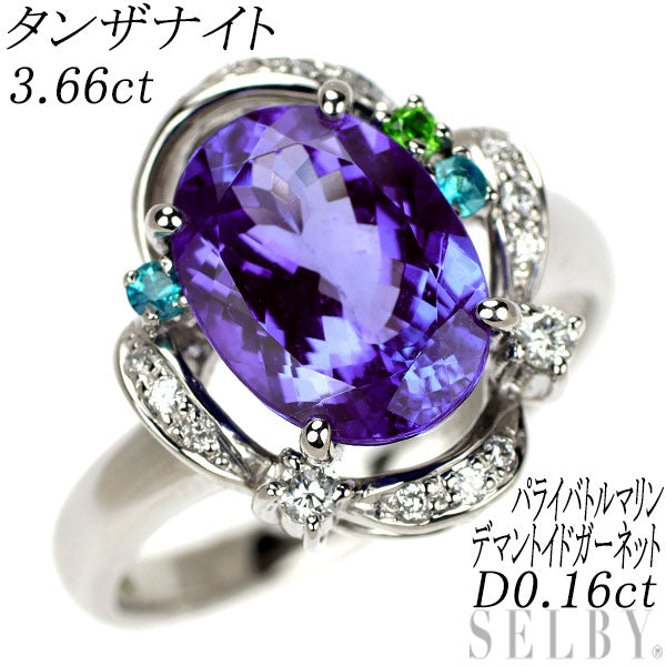 Pt900 Tanzanite Paraiba Tourmaline Demantoid Garnet Diamond Ring 3.66ct D0.16ct