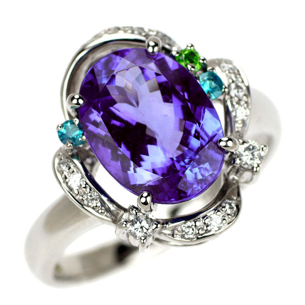 Pt900 Tanzanite Paraiba Tourmaline Demantoid Garnet Diamond Ring 3.66ct D0.16ct