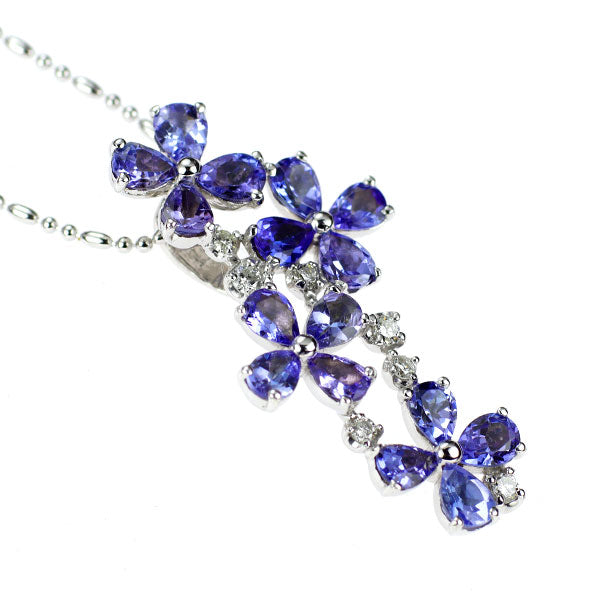 K18WG タンザナイト ダイヤモンド ペンダントネックレス 2.20ct D0.14ct フラワー