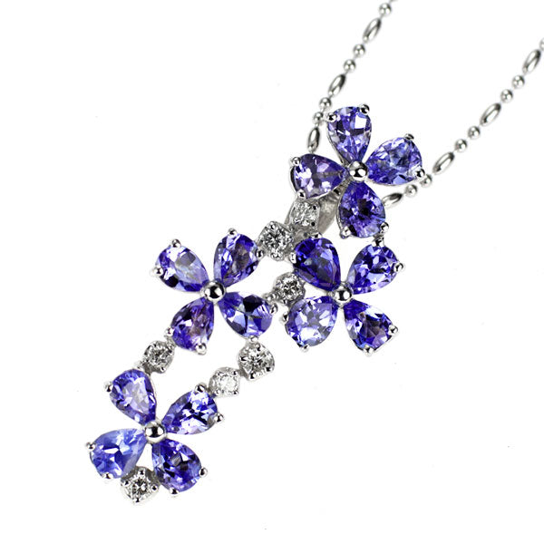 K18WG タンザナイト ダイヤモンド ペンダントネックレス 2.20ct D0.14ct フラワー