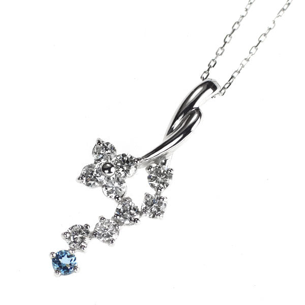 K18WG アクアマリン ダイヤモンド ペンダントネックレス 0.05ct D0.45ct フラワー