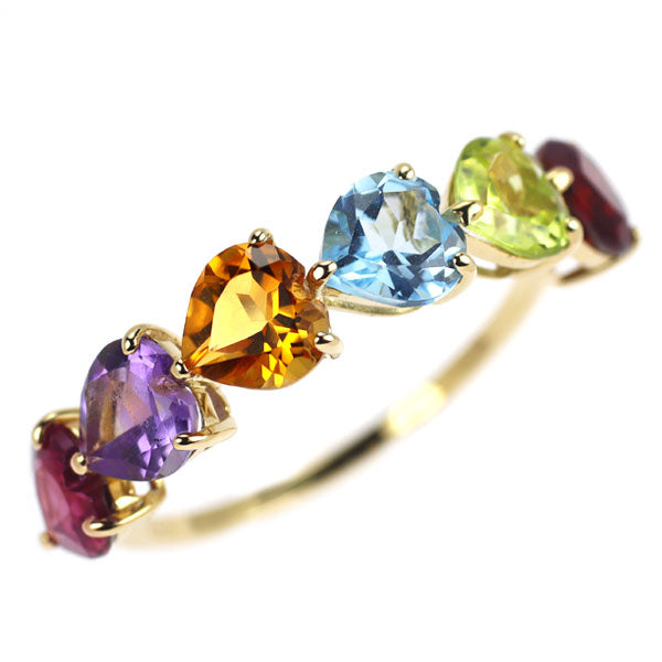K18YG ハートシェイプ マルチカラーストーン リング 2.80ct ハーフエタニティ
