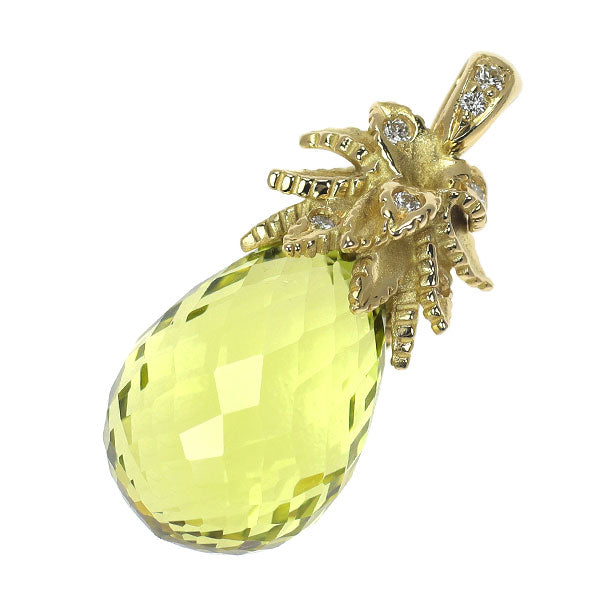 K18YG レモンクオーツ ダイヤモンド ペンダントトップ 13.82ct D0.08ct 植物