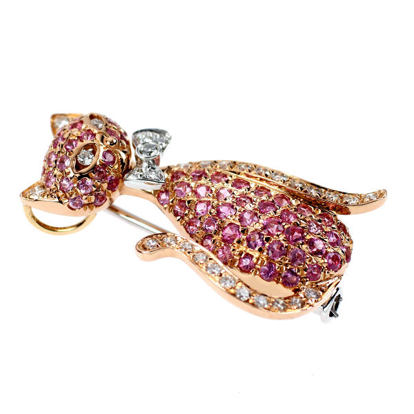 K18WG/PG ピンクサファイア ダイヤモンド ブローチ兼ペンダントトップ  1.18ct D0.37ct 猫