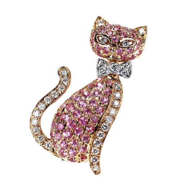 K18WG/PG ピンクサファイア ダイヤモンド ブローチ兼ペンダントトップ  1.18ct D0.37ct 猫