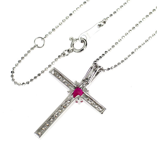 K18WG ハートシェイプ ルビー ダイヤモンド ペンダントネックレス 0.51ct D0.20ct クロス
