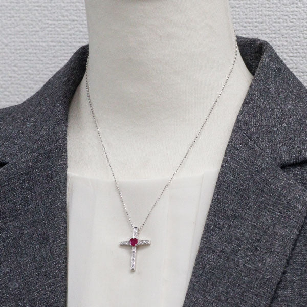 K18WG ハートシェイプ ルビー ダイヤモンド ペンダントネックレス 0.51ct D0.20ct クロス