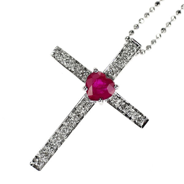 K18WG ハートシェイプ ルビー ダイヤモンド ペンダントネックレス 0.51ct D0.20ct クロス