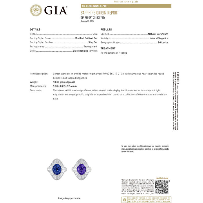 Pt900 GIA産地鑑別書付 スリランカ産非加熱カラーチェンジサファイア ダイヤモンド リング 5.719ct D1.38ct