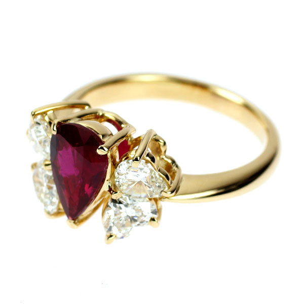 K18YG ビルマ産 非加熱 ペアシェイプ ルビー ハートシェイプ ダイヤモンド リング 1.17ct D1.387ct