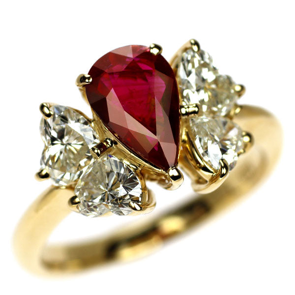 K18YG ビルマ産 非加熱 ペアシェイプ ルビー ハートシェイプ ダイヤモンド リング 1.17ct D1.387ct
