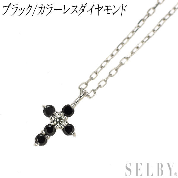 K10WG ブラック/カラーレス ダイヤモンド ペンダントネックレス クロス