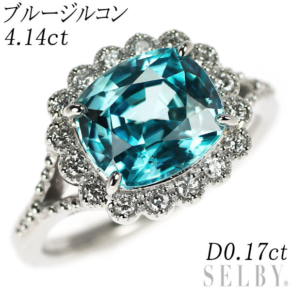 Pt950 Blue Zircon Diamond Ring 4.14ct D0.17ct
