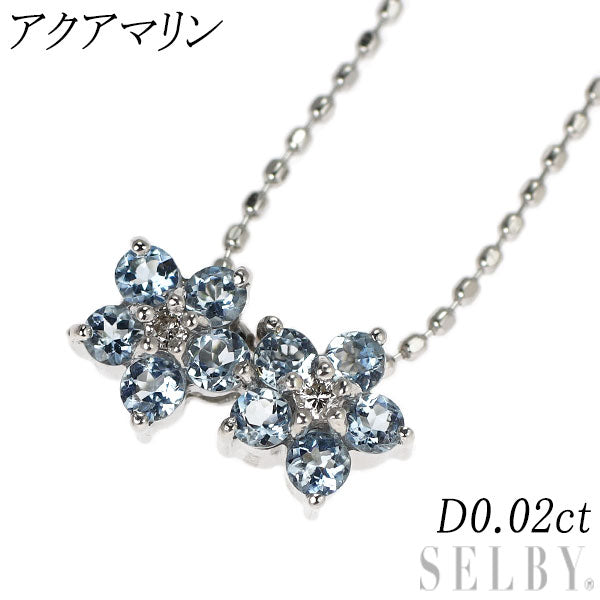 K18WG アクアマリン ダイヤモンド ペンダントネックレス 0.02ct フラワー