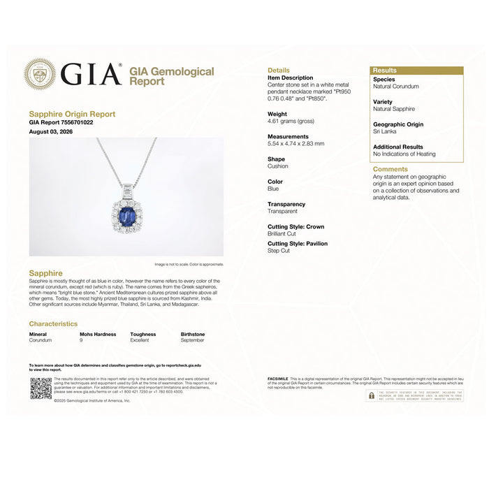 Pt950/ Pt850 スリランカ産 非加熱サファイア ダイヤモンド ペンダントネックレス 0.76ct D0.48ct