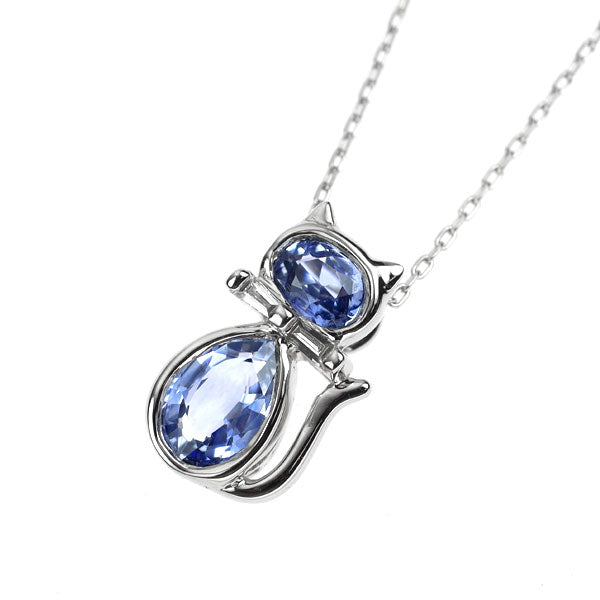 K18WG サファイア ダイヤモンド ペンダントネックレス 0.79ct D0.02ct 猫